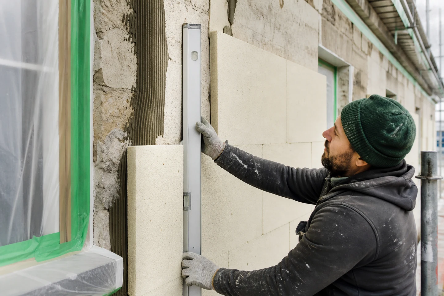 Pose précise des panneaux d’isolation sous enduit Façadier alignant des panneaux isolants avant la finition sous enduit