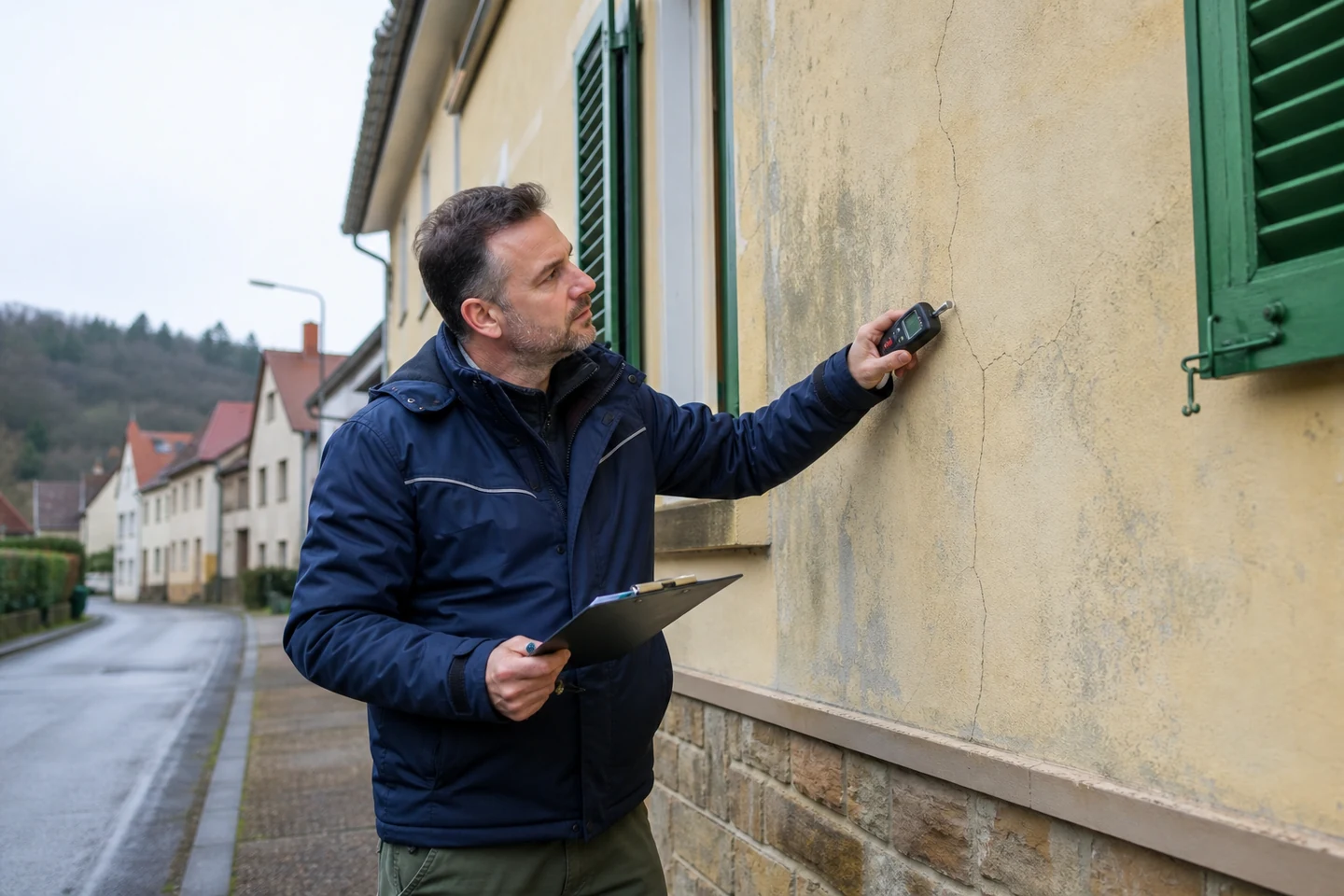 Diagnostic du support avant isolation thermique par l’extérieur Professionnel examinant l’humidité et les fissures d’une façade ancienne