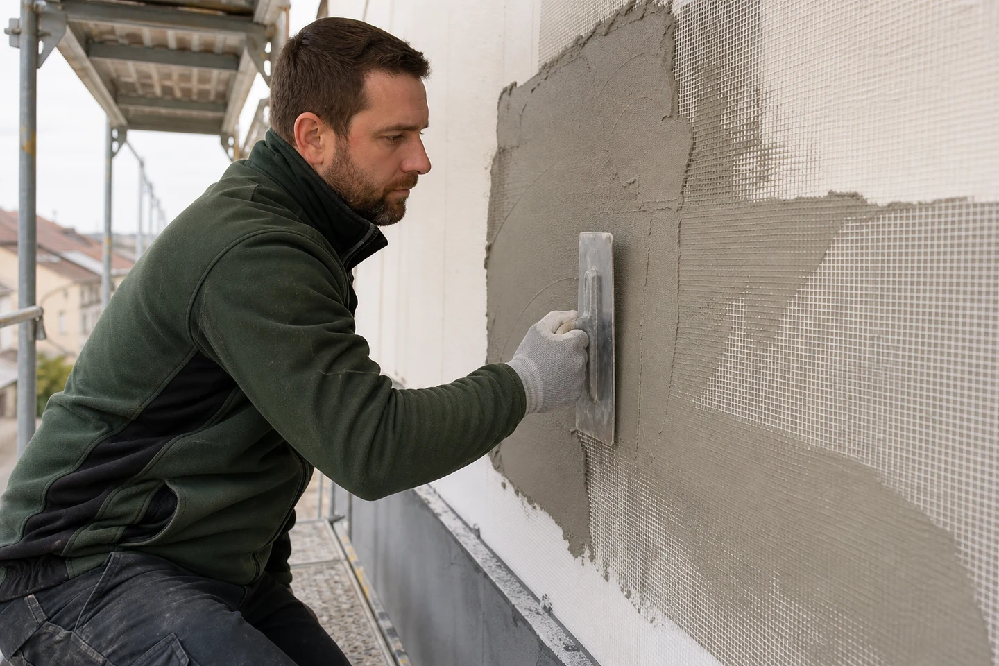 Marouflage du treillis sur l’isolant extérieur Incorporation du treillis dans la couche de base d’une isolation thermique par l’extérieur sous enduit