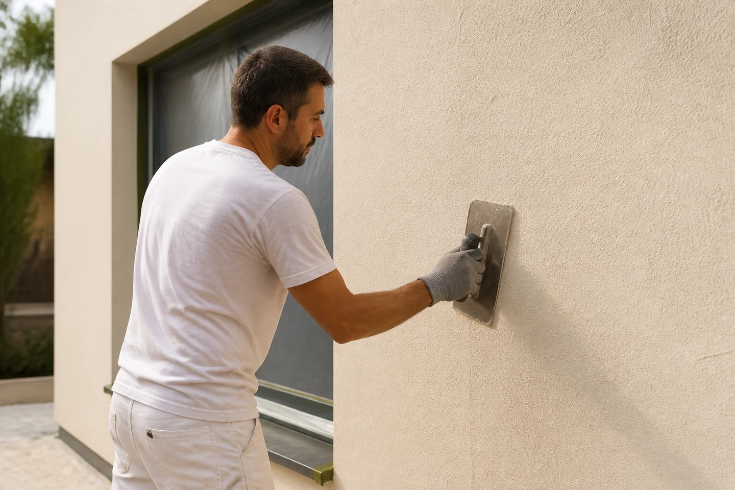Finition minérale d’une façade après isolation Application régulière d’un enduit minéral sur une façade isolée